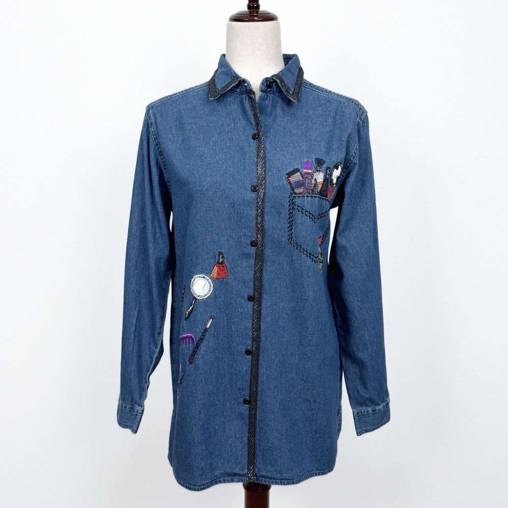 NEW Bobbie Brooks Top Womens S Blue Makeup Artist Cosmetology‎ Button Up Retro